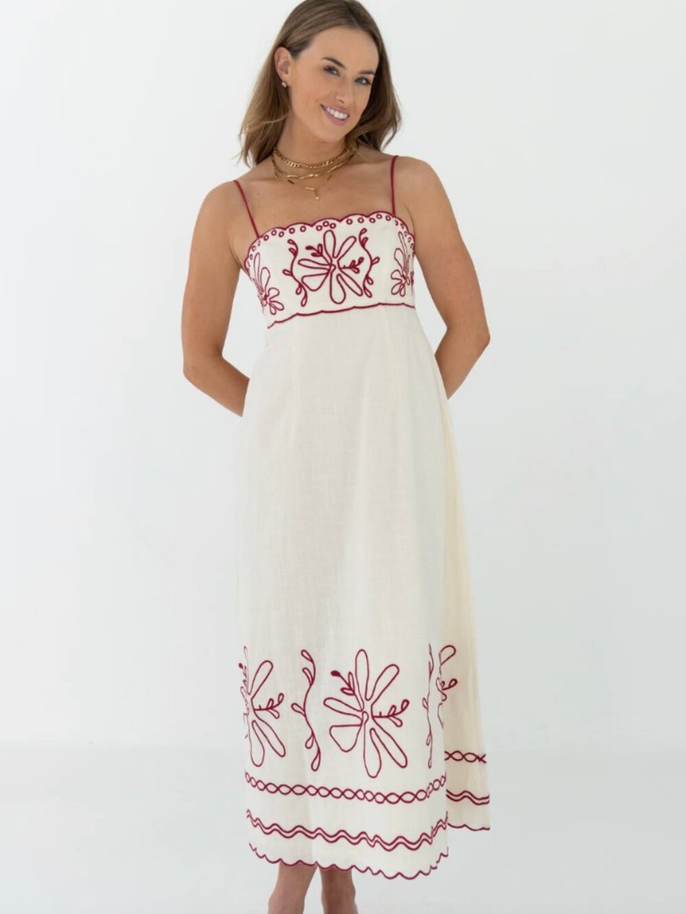 Grey Bandit White and Red Embroidered Maxi Dress NWT - Small